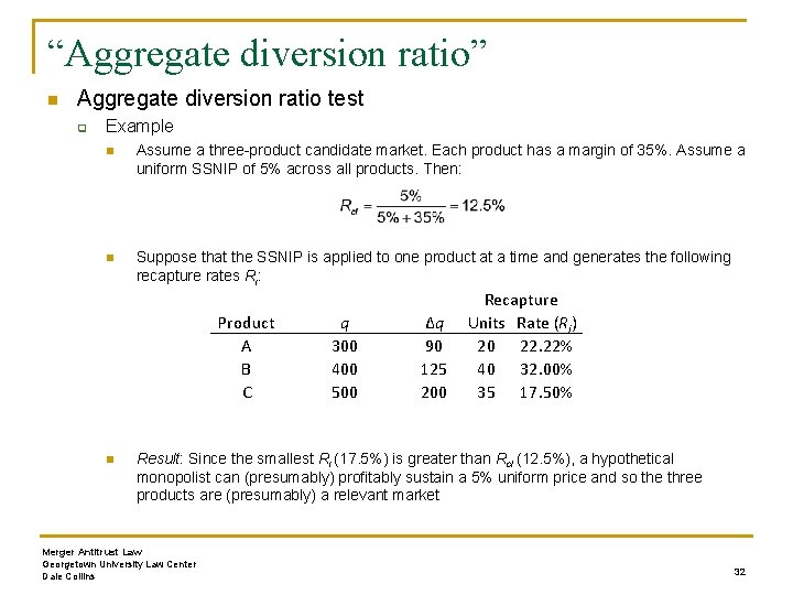 “Aggregate diversion ratio” n Aggregate diversion ratio test q Example n Assume a three-product
