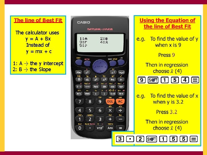 The line of Best Fit The calculator uses y = A + Bx Instead