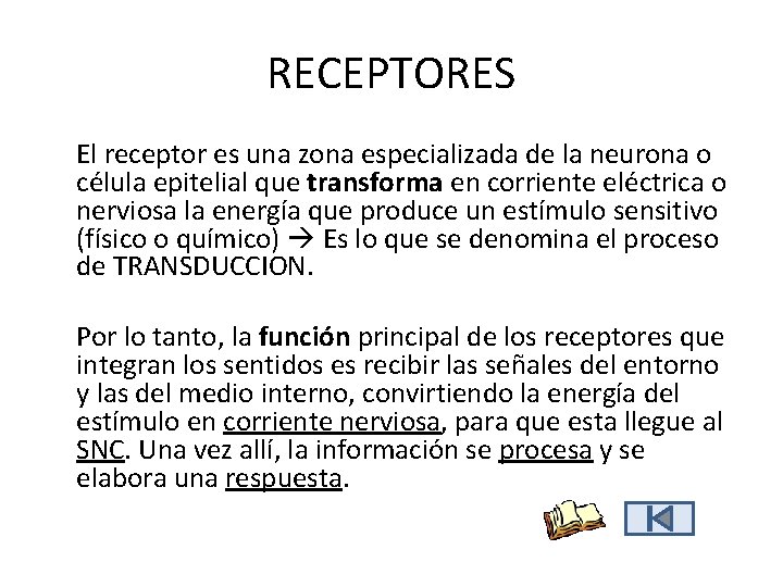 RECEPTORES El receptor es una zona especializada de la neurona o célula epitelial que