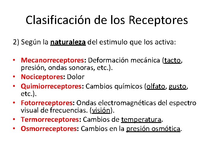 Clasificación de los Receptores 2) Según la naturaleza del estimulo que los activa: •