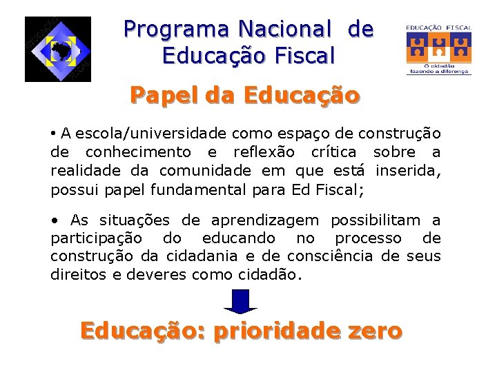 Programa Nacional de Educação Fiscal Papel da Educação • A escola/universidade como espaço de