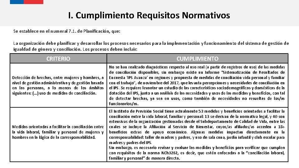 I. Cumplimiento Requisitos Normativos Se establece en el numeral 7. 1. de Planificación, que: