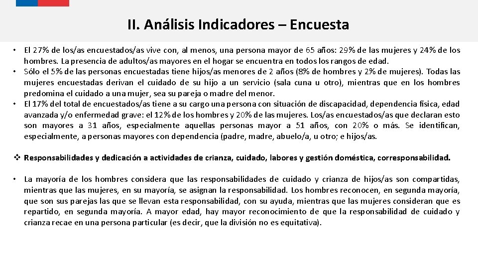 II. Análisis Indicadores – Encuesta • El 27% de los/as encuestados/as vive con, al