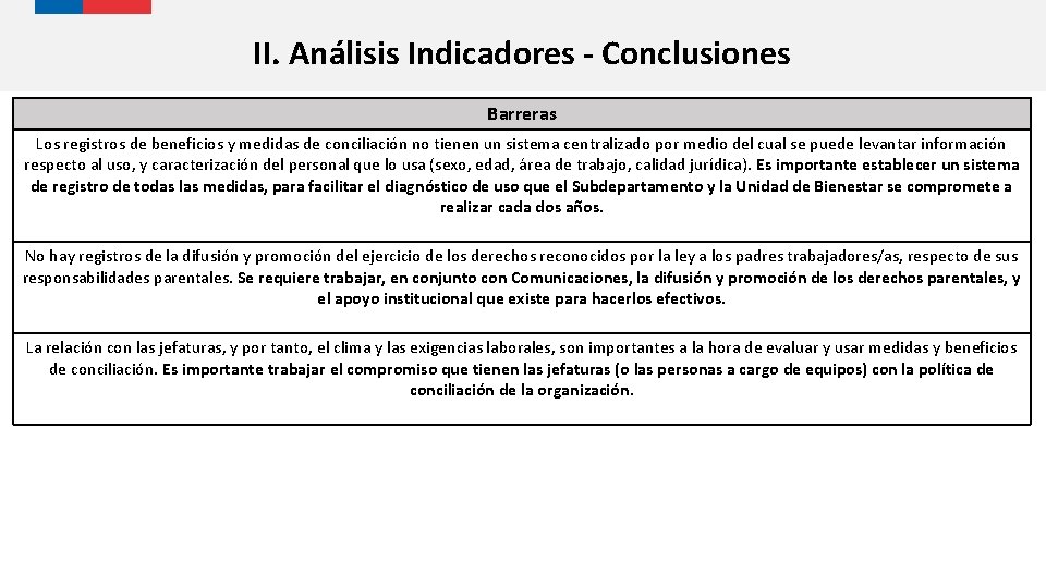 II. Análisis Indicadores - Conclusiones Barreras Los registros de beneficios y medidas de conciliación