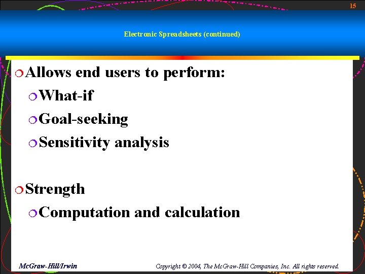 15 Electronic Spreadsheets (continued) ¦Allows end users to perform: ¦What-if ¦Goal-seeking ¦Sensitivity analysis ¦Strength 15 Electronic Spreadsheets (continued) ¦Allows end users to perform: ¦What-if ¦Goal-seeking ¦Sensitivity analysis ¦Strength