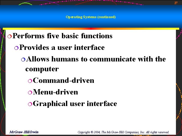 27 Operating Systems (continued) ¦Performs five basic functions ¦Provides a user interface ¦Allows humans 27 Operating Systems (continued) ¦Performs five basic functions ¦Provides a user interface ¦Allows humans