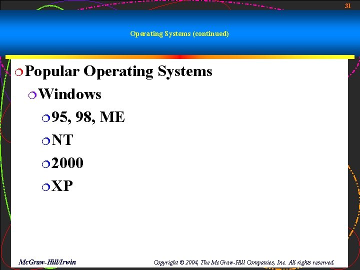 31 Operating Systems (continued) ¦Popular Operating Systems ¦Windows ¦ 95, 98, ME ¦NT ¦ 31 Operating Systems (continued) ¦Popular Operating Systems ¦Windows ¦ 95, 98, ME ¦NT ¦
