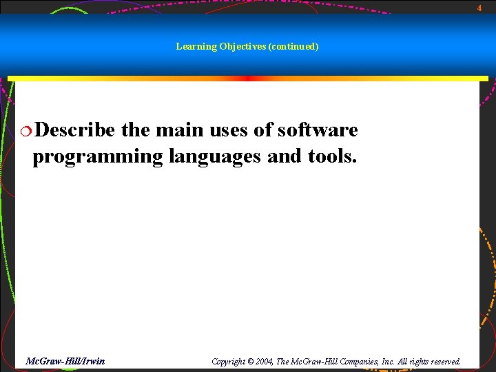 4 Learning Objectives (continued) ¦Describe the main uses of software programming languages and tools. 4 Learning Objectives (continued) ¦Describe the main uses of software programming languages and tools.