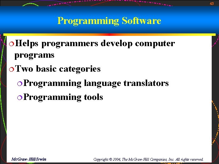 43 Programming Software ¦Helps programmers develop computer programs ¦Two basic categories ¦Programming language translators 43 Programming Software ¦Helps programmers develop computer programs ¦Two basic categories ¦Programming language translators
