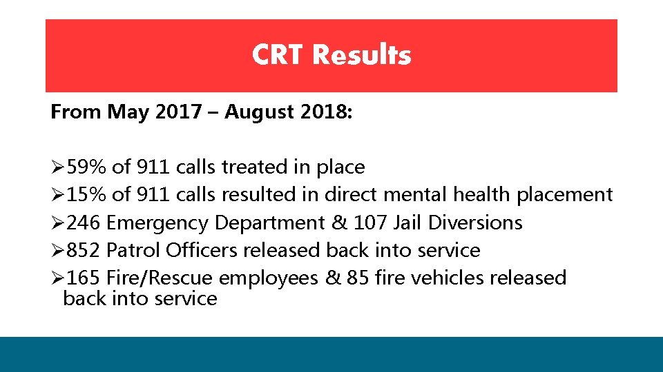 CRT Results From May 2017 – August 2018: Ø 59% of 911 calls treated CRT Results From May 2017 – August 2018: Ø 59% of 911 calls treated