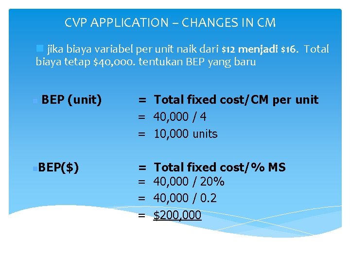 CVP APPLICATION – CHANGES IN CM n jika biaya variabel per unit naik dari CVP APPLICATION – CHANGES IN CM n jika biaya variabel per unit naik dari
