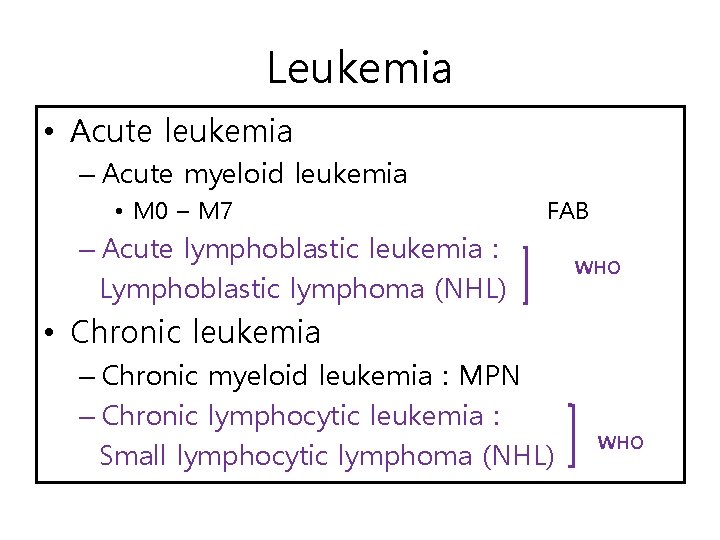 Leukemia • Acute leukemia – Acute myeloid leukemia • M 0 – M 7