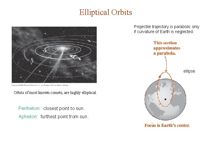 Elliptical Orbits Projectile trajectory is parabolic only if curvature of Earth is neglected. ellipse