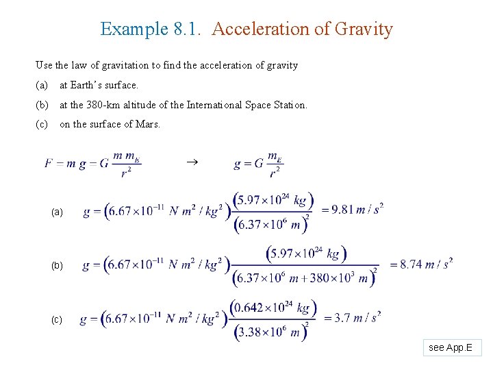 Example 8. 1. Acceleration of Gravity Use the law of gravitation to find the