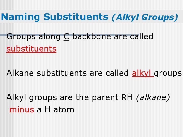 Naming Substituents (Alkyl Groups) Groups along C backbone are called substituents Alkane substituents are