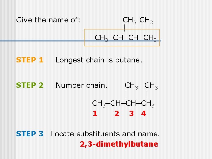 Give the name of: CH 3─CH─CH─CH 3 STEP 1 Longest chain is butane. STEP