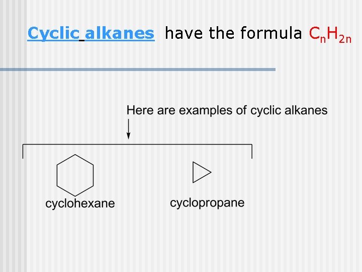 Cyclic alkanes have the formula Cn. H 2 n 