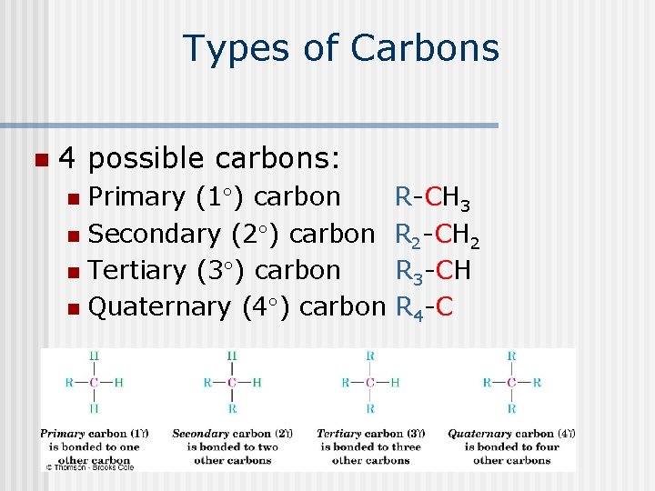 Types of Carbons n 4 possible carbons: Primary (1 ) carbon n Secondary (2