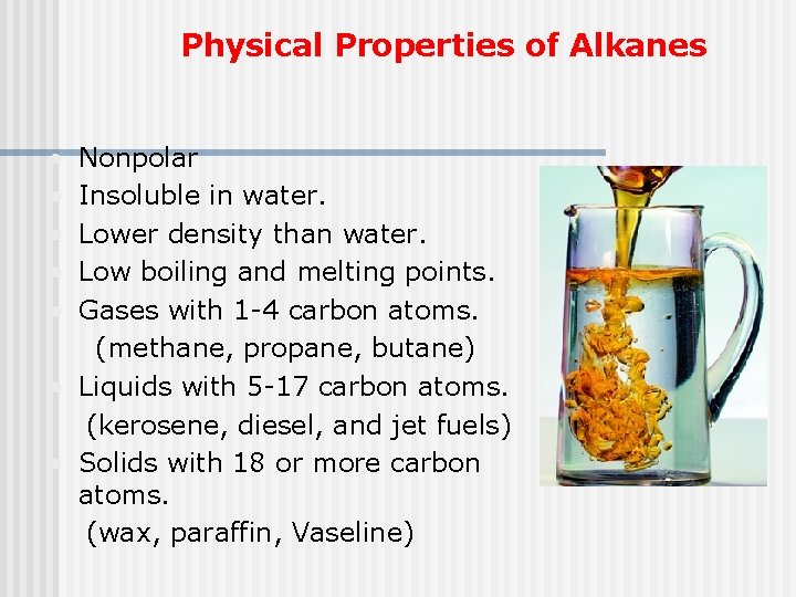 Physical Properties of Alkanes • • • Nonpolar Insoluble in water. Lower density than