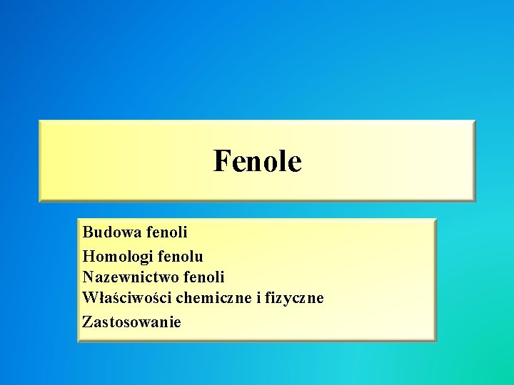 Fenole Budowa fenoli Homologi fenolu Nazewnictwo fenoli Właściwości chemiczne i fizyczne Zastosowanie 