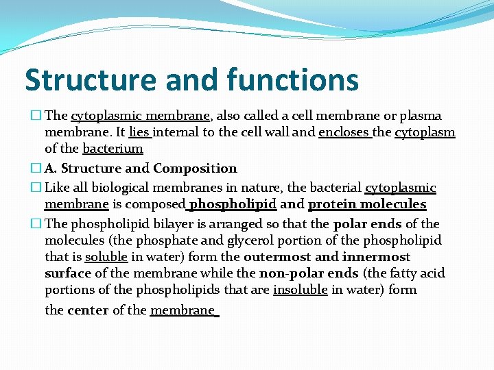 Structure and functions � The cytoplasmic membrane, also called a cell membrane or plasma