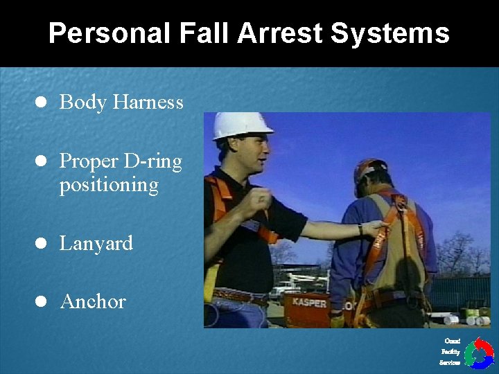 Personal Fall Arrest Systems l Body Harness l Proper D-ring positioning l Lanyard l