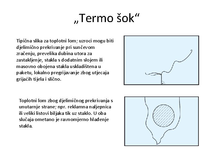 „Termo šok“ Tipična slika za toplotni lom; uzroci mogu biti djelimično prekrivanje pri sunčevom