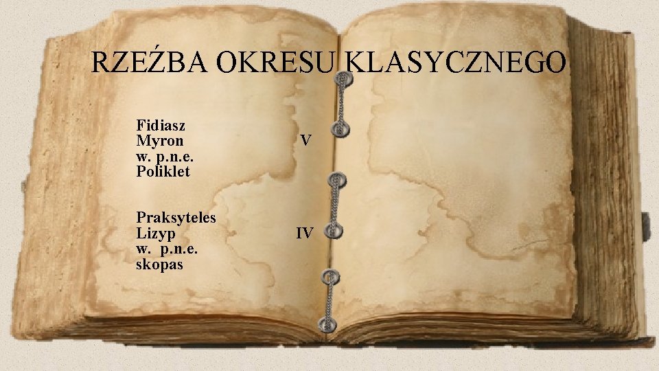 RZEŹBA OKRESU KLASYCZNEGO Fidiasz Myron w. p. n. e. Poliklet V Praksyteles Lizyp w.