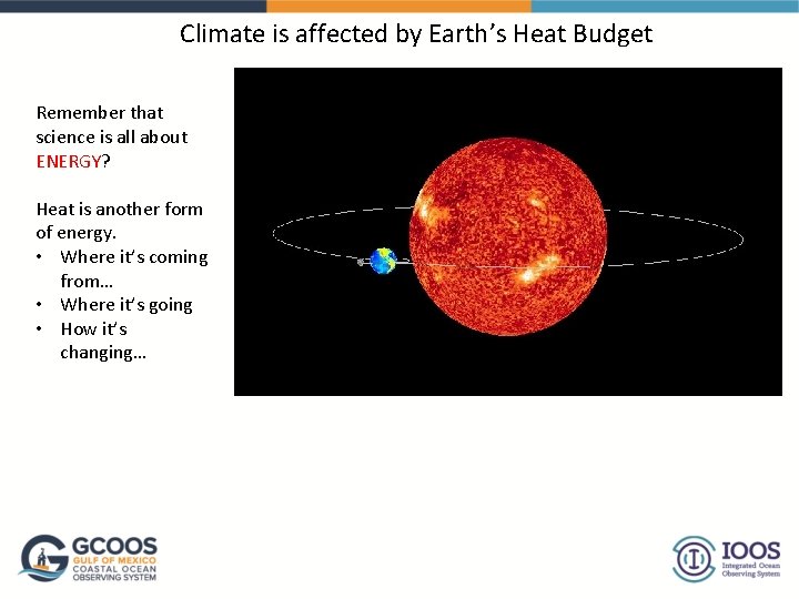 Climate is affected by Earth’s Heat Budget Remember that science is all about ENERGY?
