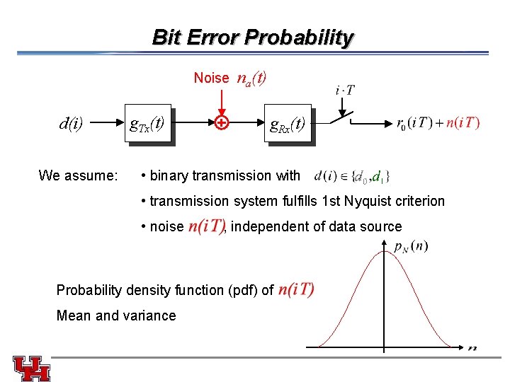 Bit Error Probability Noise d(i) We assume: g. Tx(t) na(t) g. Rx(t) • binary