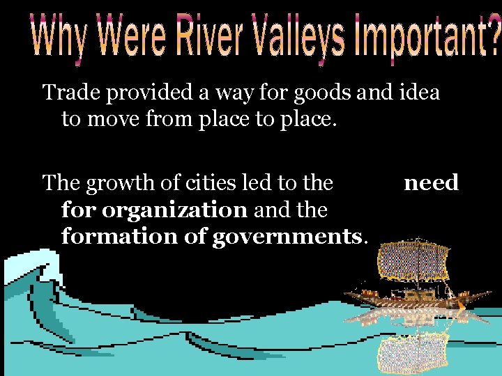 Trade provided a way for goods and idea to move from place to place.