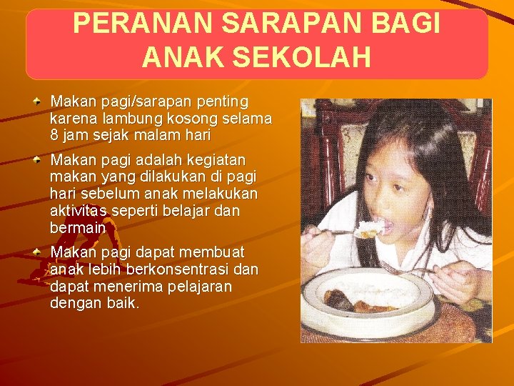 PERANAN SARAPAN BAGI ANAK SEKOLAH Makan pagi/sarapan penting karena lambung kosong selama 8 jam PERANAN SARAPAN BAGI ANAK SEKOLAH Makan pagi/sarapan penting karena lambung kosong selama 8 jam