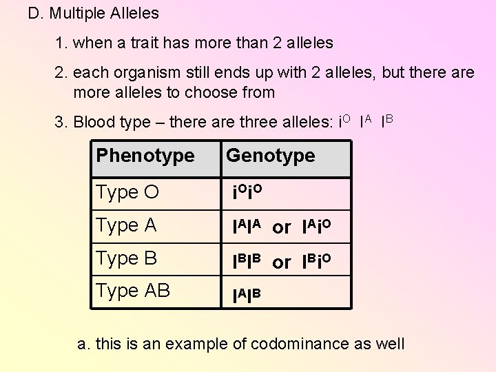 D. Multiple Alleles 1. when a trait has more than 2 alleles 2. each D. Multiple Alleles 1. when a trait has more than 2 alleles 2. each