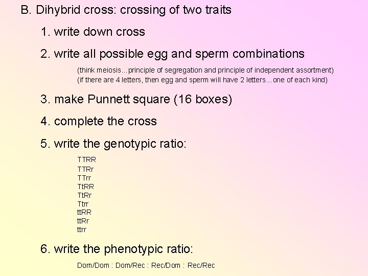 B. Dihybrid cross: crossing of two traits 1. write down cross 2. write all B. Dihybrid cross: crossing of two traits 1. write down cross 2. write all