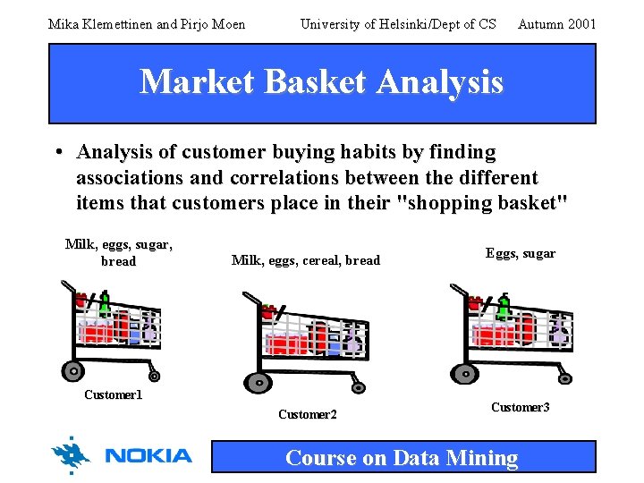 Mika Klemettinen and Pirjo Moen University of Helsinki/Dept of CS Autumn 2001 Market Basket Mika Klemettinen and Pirjo Moen University of Helsinki/Dept of CS Autumn 2001 Market Basket