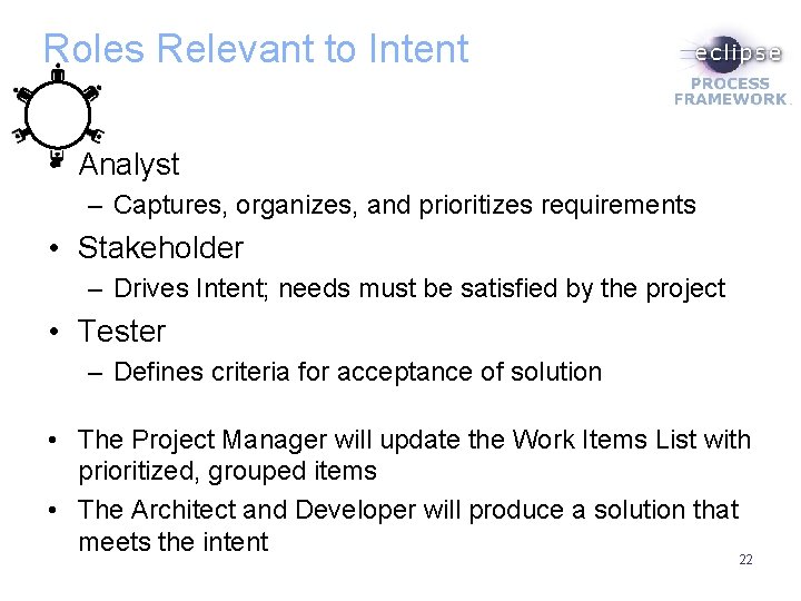 Roles Relevant to Intent • Analyst – Captures, organizes, and prioritizes requirements • Stakeholder