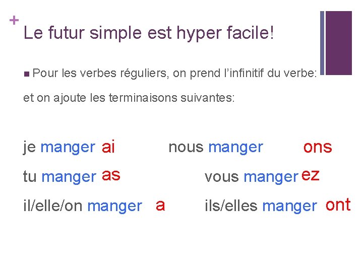 + Le futur simple est hyper facile! n Pour les verbes réguliers, on prend