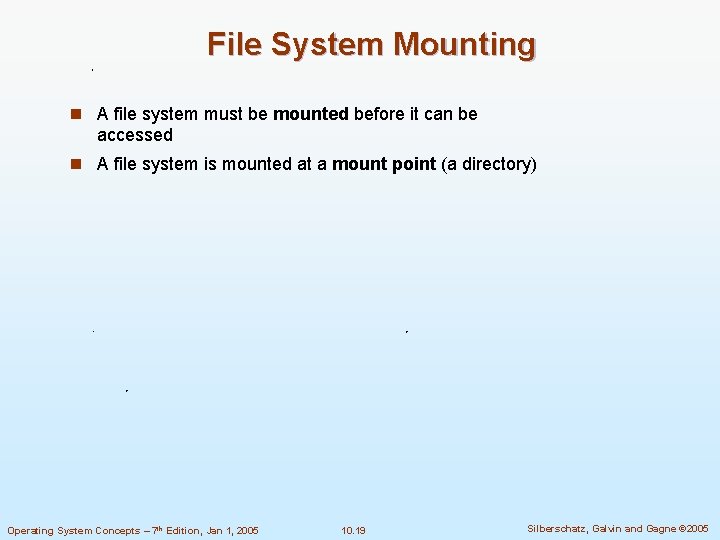 File System Mounting n A file system must be mounted before it can be