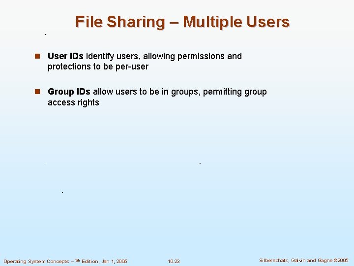 File Sharing – Multiple Users n User IDs identify users, allowing permissions and protections