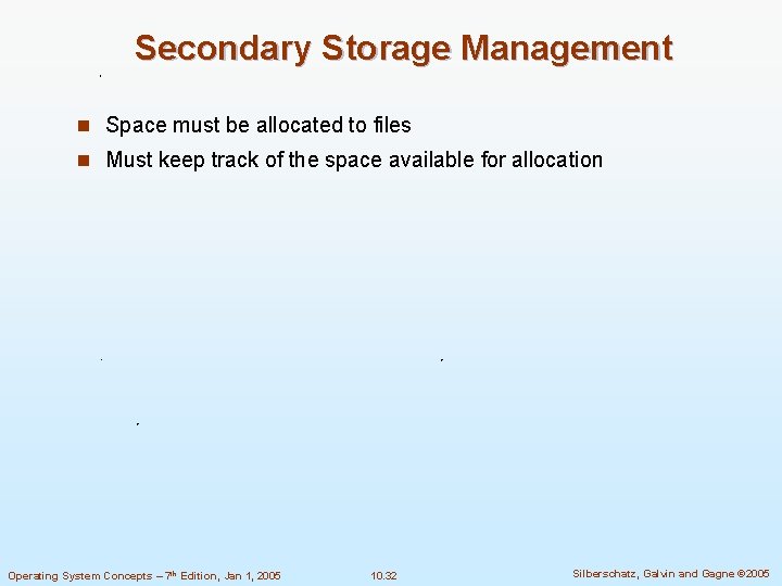 Secondary Storage Management n Space must be allocated to files n Must keep track