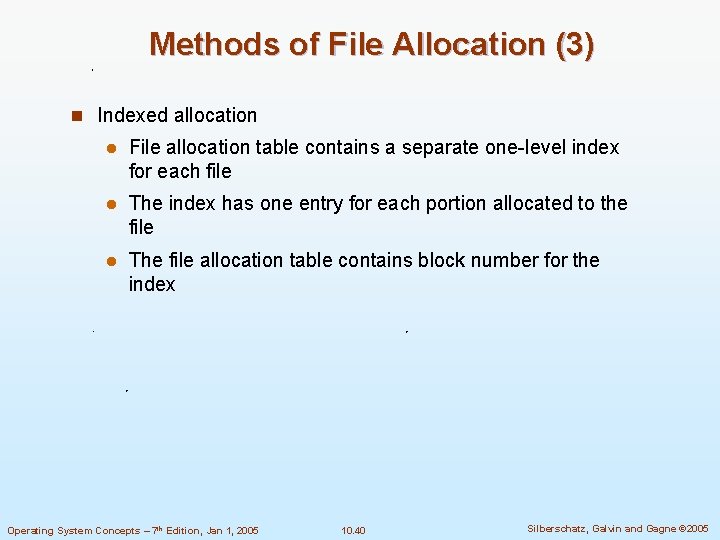 Methods of File Allocation (3) n Indexed allocation File allocation table contains a separate