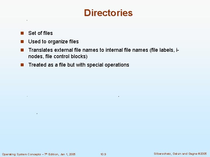 Directories n Set of files n Used to organize files n Translates external file