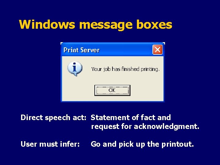 Windows message boxes Direct speech act: Statement of fact and request for acknowledgment. User