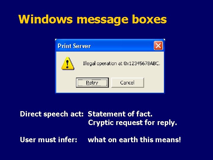 Windows message boxes Direct speech act: Statement of fact. Cryptic request for reply. User