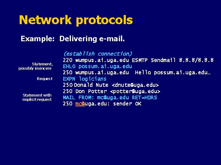 Network protocols Example: Delivering e-mail. (establish connection) Statement, possibly insincere Request Statement with implicit