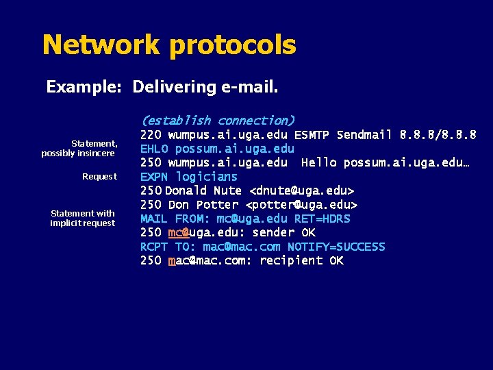 Network protocols Example: Delivering e-mail. (establish connection) Statement, possibly insincere Request Statement with implicit