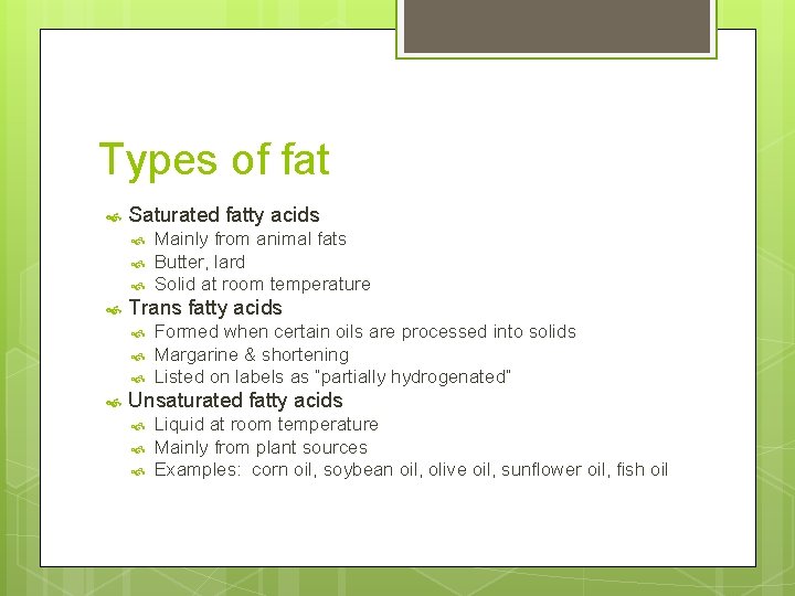 Types of fat Saturated fatty acids Trans fatty acids Mainly from animal fats Butter,