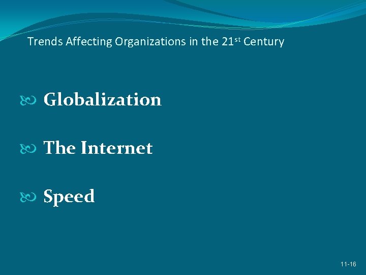Trends Affecting Organizations in the 21 st Century Globalization The Internet Speed 11 -16
