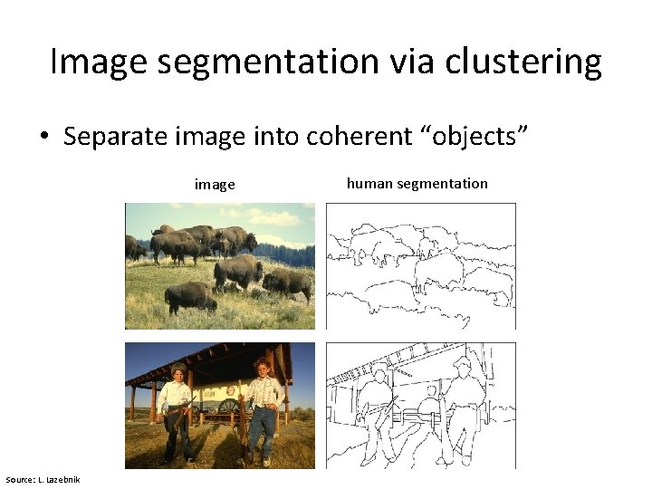 Image segmentation via clustering • Separate image into coherent “objects” image Source: L. Lazebnik