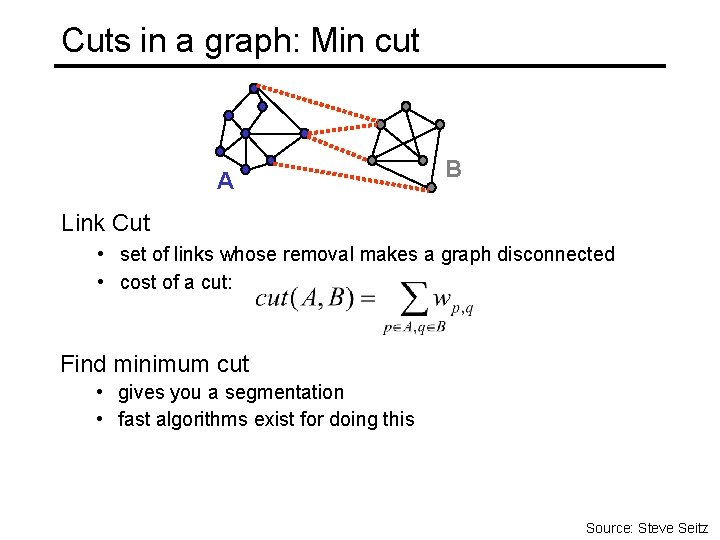 Cuts in a graph: Min cut A B Link Cut • set of links